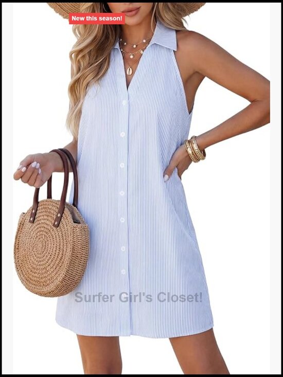 Dresses & Skirts - Women's Striped Collared Mini Beach Dress, Sleeveless A-Line Casual Vacation